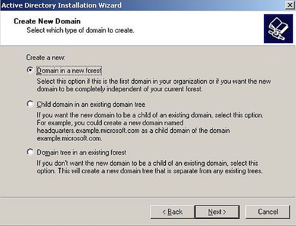 Windows Server 2003: Domain Controller setup - Choosing to create a domain in a new forest