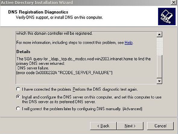 Windows Server 2003: Domain Controller setup - Choosing to install a local DNS server