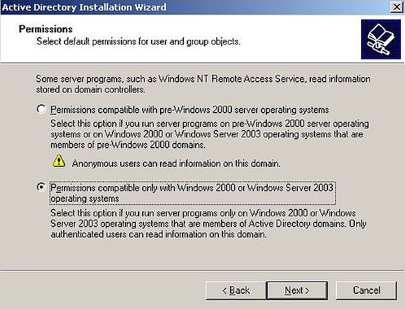 Windows Server 2003: Domain Controller setup - Permissions settings
