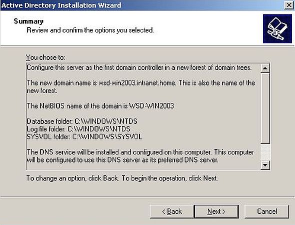 Windows Server 2003: Domain Controller setup - Configuration summary