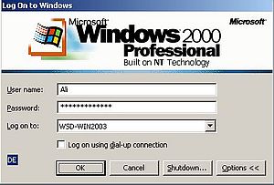 Windows Server 2003: Login from Windows 2000 - Login dialog box