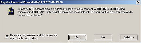 Windows Server 2003: Login from Windows 2000 - Sygate Personal Firewall warning when Windows 2000 tries to connect to Active Directory