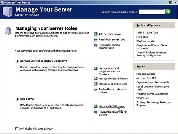 Windows Server 2003: Client DNS - Choosing to manage the Windows 2003 DNS server