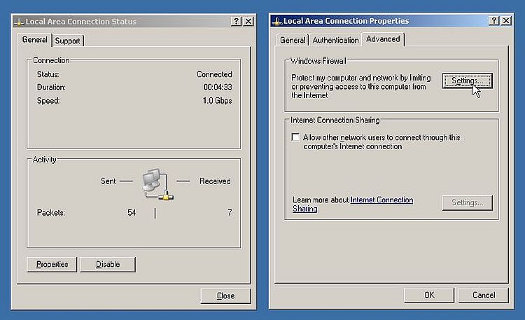 Windows Server 2003: Local Area Connection Properties - Open 'Windows Firewall settings'