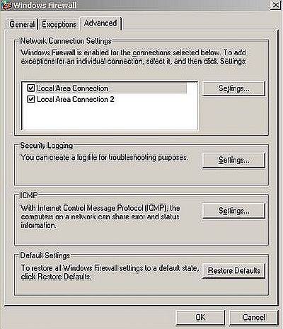 Windows Server 2003: Configuring the advanced firewall settings for the (external) network adapter