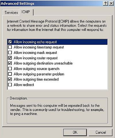 Windows Server 2003: Windows Firewall - ICMP settings for the (external) network adapter