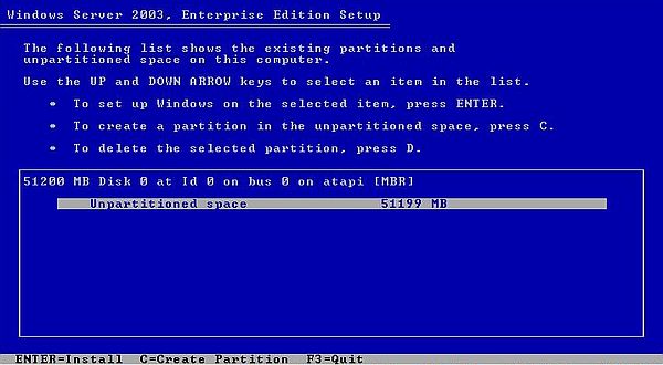 Windows Server 2003  - Installation: Choosing to install Windows on the unpartitioned space