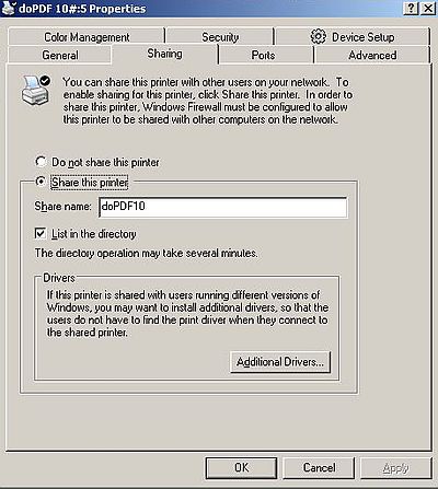 Windows Server 2003: Printer sharing - Sharing properties configuration