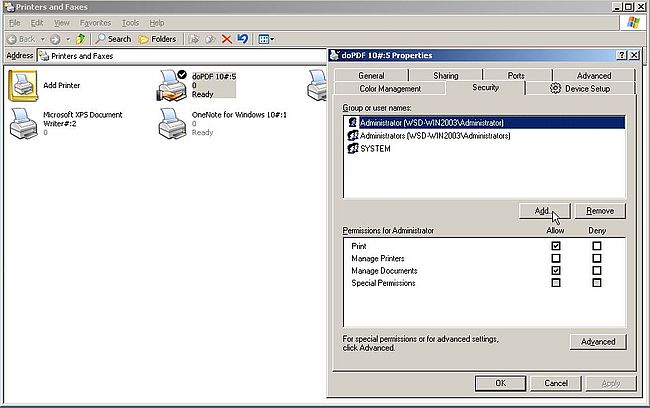 Windows Server 2003: Printer sharing - Printer usage rights (Adding a new user)