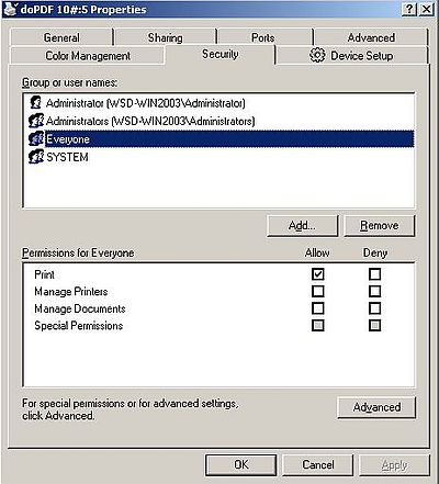 Windows Server 2003: Printer sharing - Printer usage rights ('Print' right for user 'Everyone')