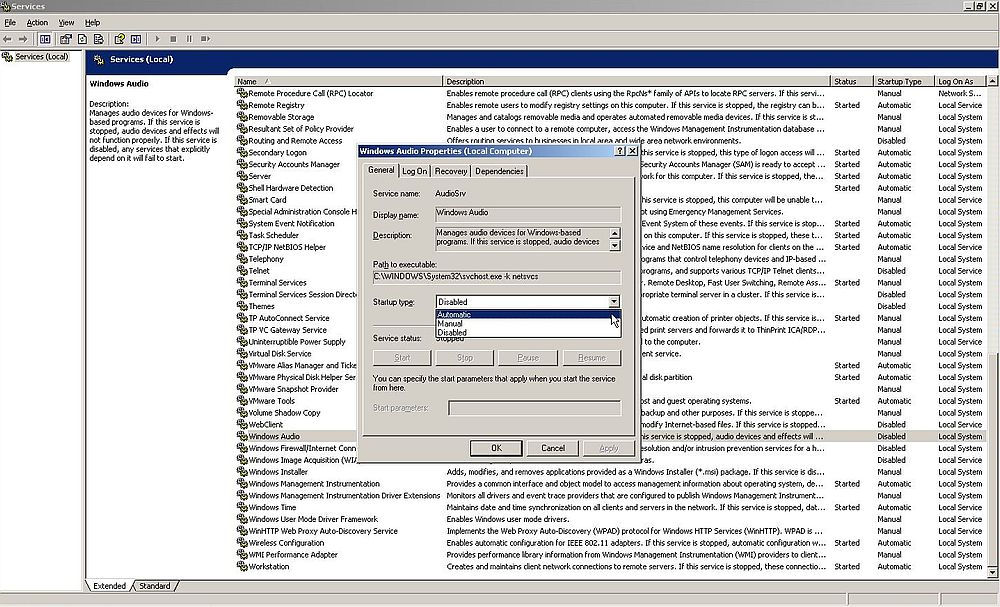 Windows Server 2003: Enabling the Windows Audio service to get sound