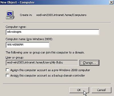 Windows Server 2003: Adding computers to Active Directory - Adding the new computer 'wk-winxpm' [2]