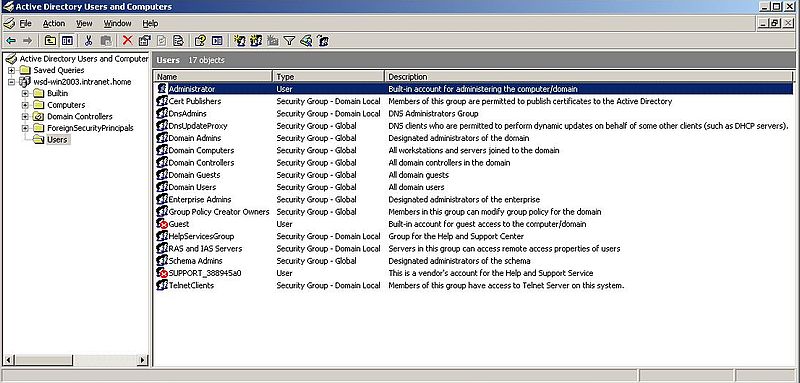Windows Server 2003: Adding users to Active Directory - Pre-defined domain users