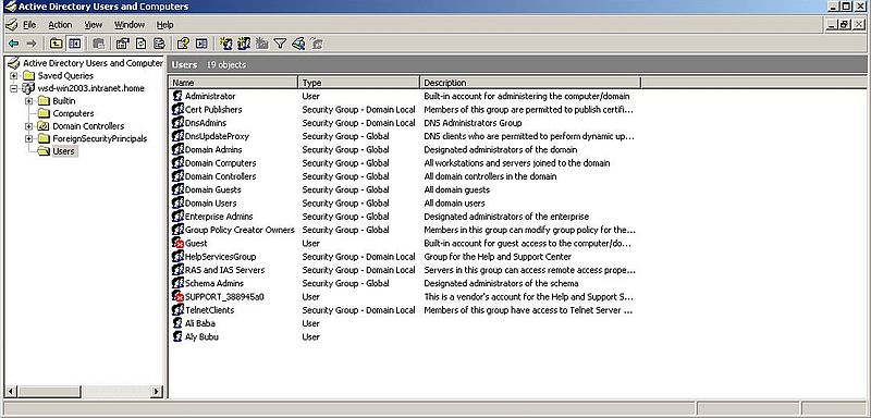 Windows Server 2003: Adding users to Active Directory - Domain users, after 2 new users have been added
