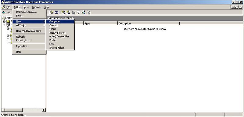 Windows Server 2003: Adding computers to Active Directory - Choosing to add a new computer