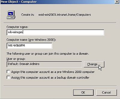 Windows Server 2003: Adding computers to Active Directory - Adding the new computer 'wk-winxpm' [1]
