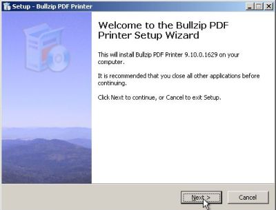PDF printer on Windows 2000: Bullzip PDF printer - Start of the installation wizard