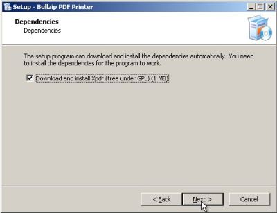 PDF printer on Windows 2000: Bullzip PDF printer - Selecting to download and install Xpdf