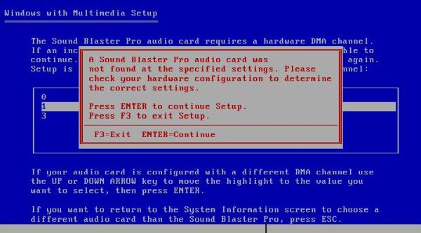Windows 3.0 with Multimedia Extensions: Setup - Fatal error: the sound card cannot be found