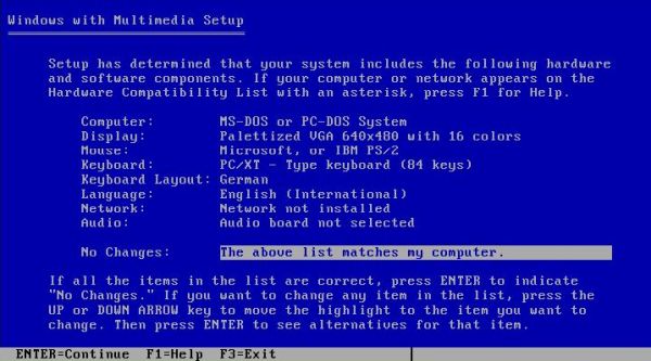 Windows 3.0 with Multimedia Extensions: Setup - Hardware and software components (with no sound card selection)
