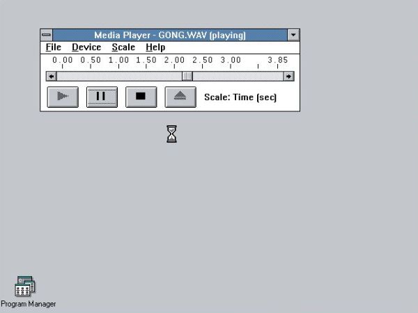 Windows 3.0 with Multimedia Extensions: Windows Mediaplayer playing a wave audio file thanks to the Internal Speaker driver