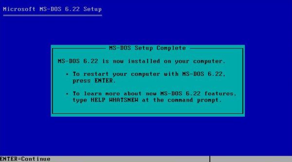 Windows 3.0 with Multimedia Extensions: Installation of MS-DOS 6.22 completed