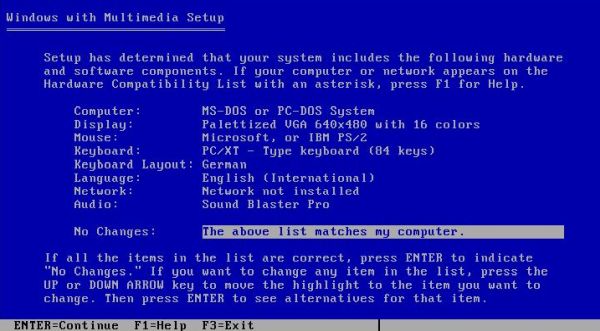 Windows 3.0 with Multimedia Extensions: Setup - Hardware and software components (with invalid sound card selection)