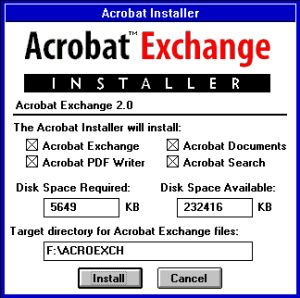 Acrobat Exchange installation on Windows 3.11: Components selection