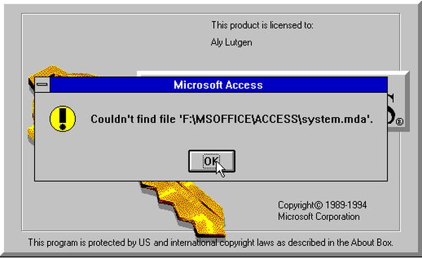 MS Access 2 startup failure: 'Could not find file SYSTEM.MDA' error message