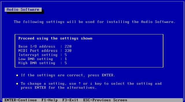 Windows 3.1x sound support: Installing the SoundBlaster 16 for Windows 3.x Driver - Audio-card parameters