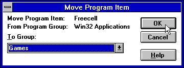 Windows 3.11 Program Manager: Moving a program to another group [2: Selecting the destination group]