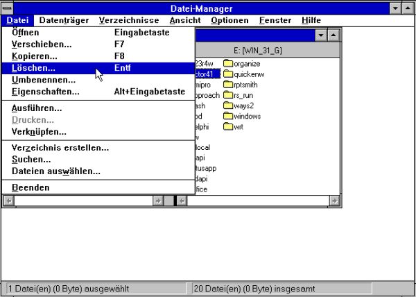 Windows 3.1 folder removal: Selecting the folder to be deleted in File Manager