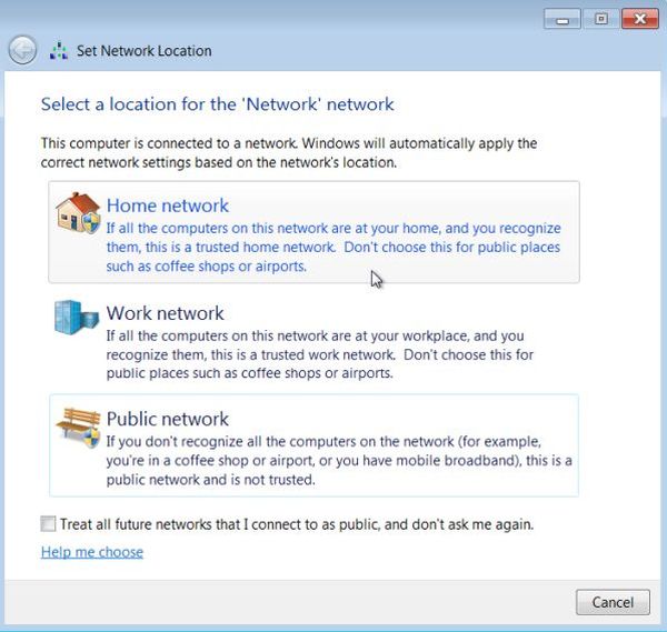 Windows 7: Setting the network location to 'Home network'