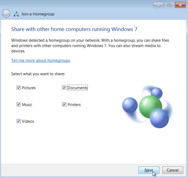 Windows 7: Joining a homegroup - Selecting what has to be shared