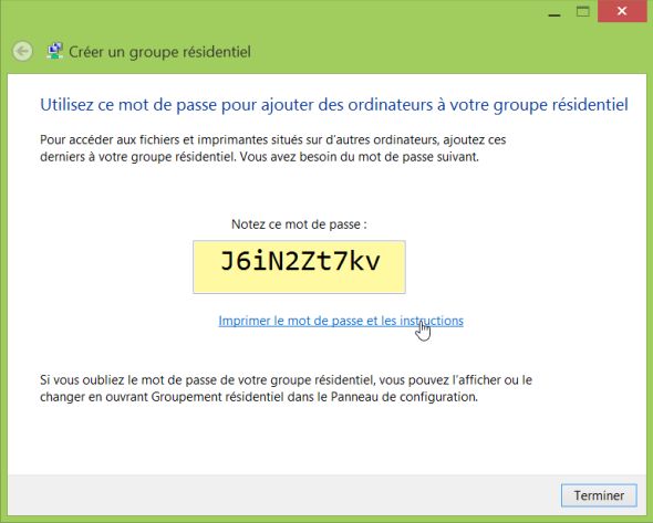Windows 8.1: Creating a homegroup - Display of the (generated) homegroup password