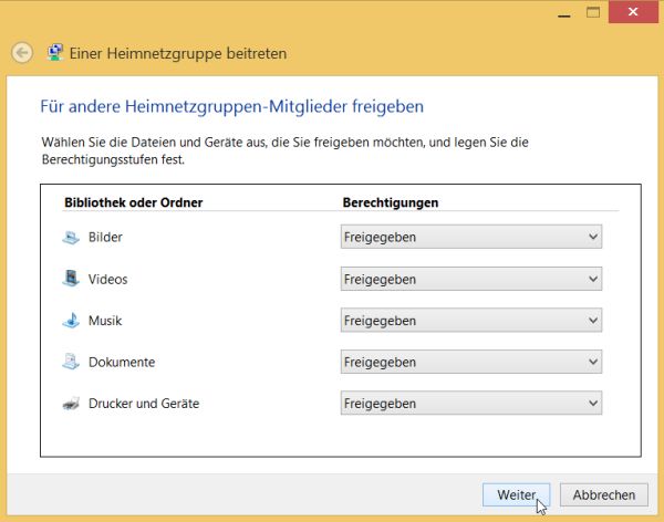 Windows 8.1: Joining a homegroup - Selecting what has to be shared