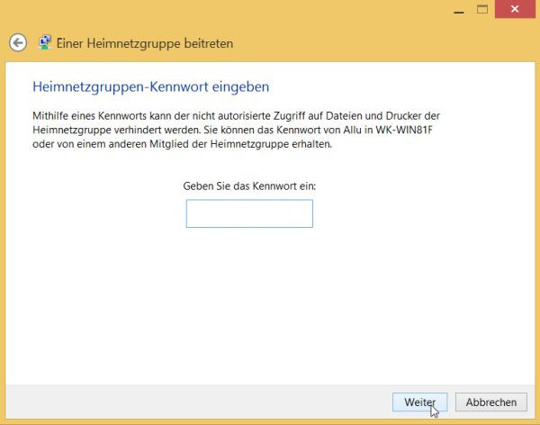Windows 8.1: Joining a homegroup - Input of homegroup password required
