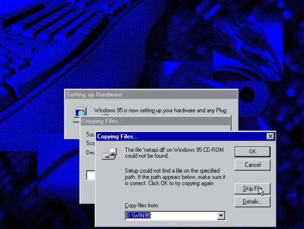 Windows 95 installation: Missing files reported during hardware configuration