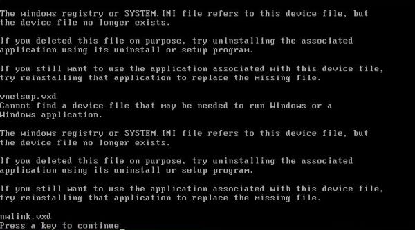 Windows 95 installation: Missing drivers reported during Windows startup