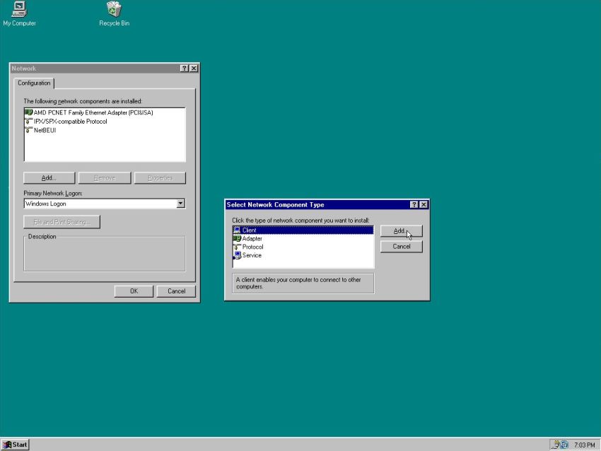Windows 95: Reinstalling the client for Microsoft Networks [1]
