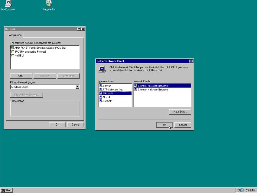 Windows 95: Reinstalling the client for Microsoft Networks [2]