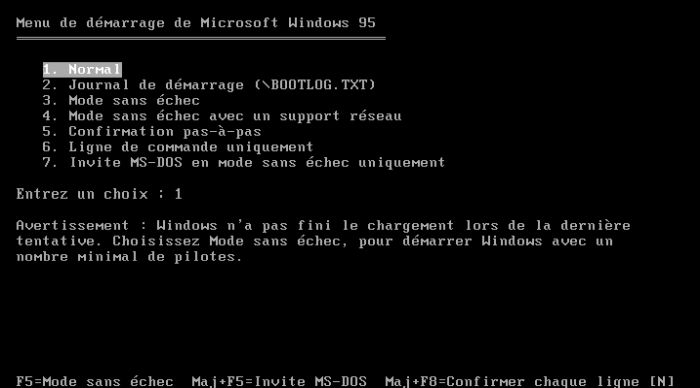 Windows 95 boot menu after incomplete startup or shutdown