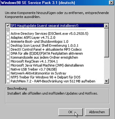 Windows 98 SE service pack 3.1: Selecting the main update for installation