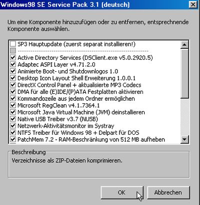Windows 98 SE service pack 3.1: Selecting the secondary updates for installation