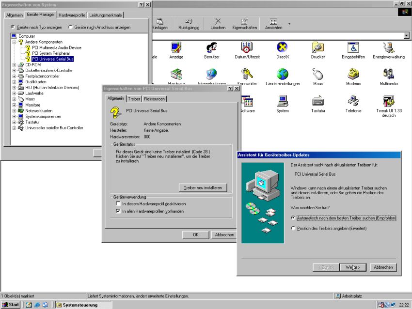 Windows 98 SE service pack 3.1: Updating the driver for the PCI Universal Serial Bus device [1]