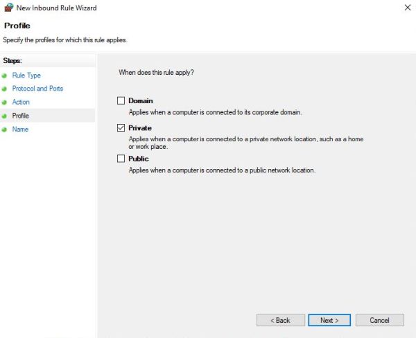 Windows Defender Firewall: Creating a new port based inbound rule [4]