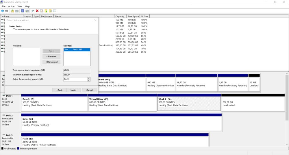 Windows Disk Management: Extending a partition