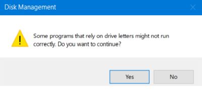 Windows Disk Management: Warning message when changing the drive letter of a partition