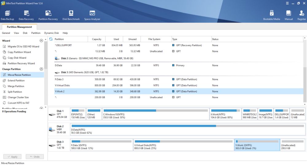 MiniTool Partition Wizard: Display of the storage media partition layout