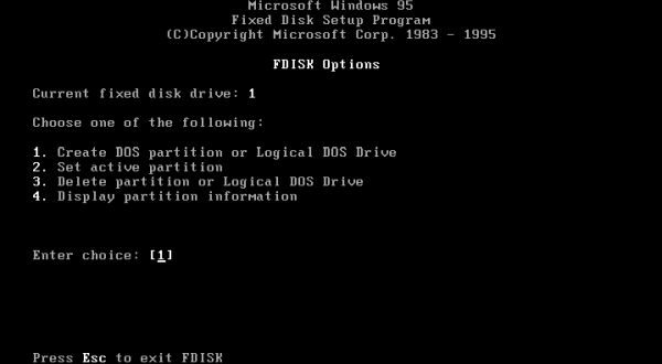 Windows 95 installation: fdisk - selecting to create a new partition
